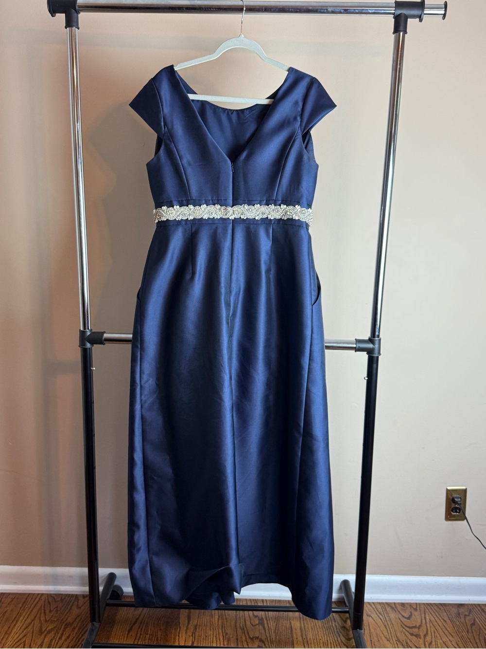 Alfred Sung Midnight Blue Satin A-Line Cap Sleeve Pleated Skirt Dress w/ Pockets - Picture 2 of 14